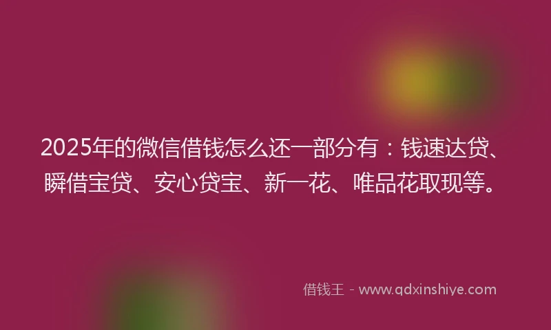 2025年的微信借钱怎么还一部分有：钱速达贷、瞬借宝贷、安心贷宝、新一花、唯品花取现等。
