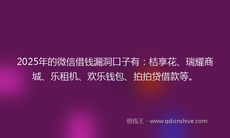 2025年的微信借钱漏洞口子有：桔享花、瑞耀商城、乐租机、欢乐钱包、拍拍贷借款等。