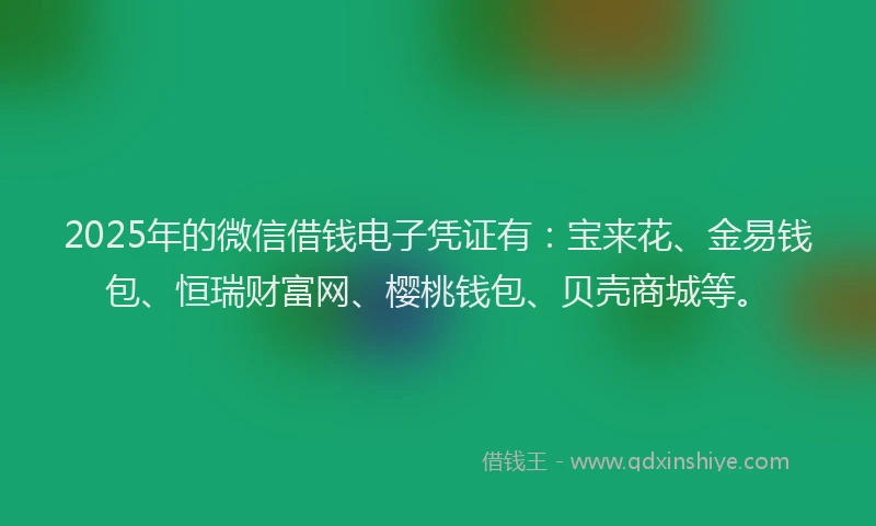 2025年的微信借钱电子凭证有：宝来花、金易钱包、恒瑞财富网、樱桃钱包、贝壳商城等。