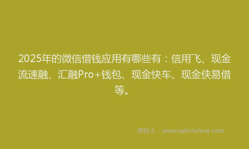 2025年的微信借钱应用有哪些有：信用飞、现金流速融、汇融Pro+钱包、现金快车、现金侠易借等。