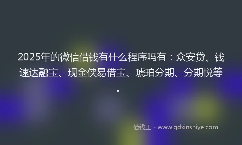 2025年的微信借钱有什么程序吗有：众安贷、钱速达融宝、现金侠易借宝、琥珀分期、分期悦等。