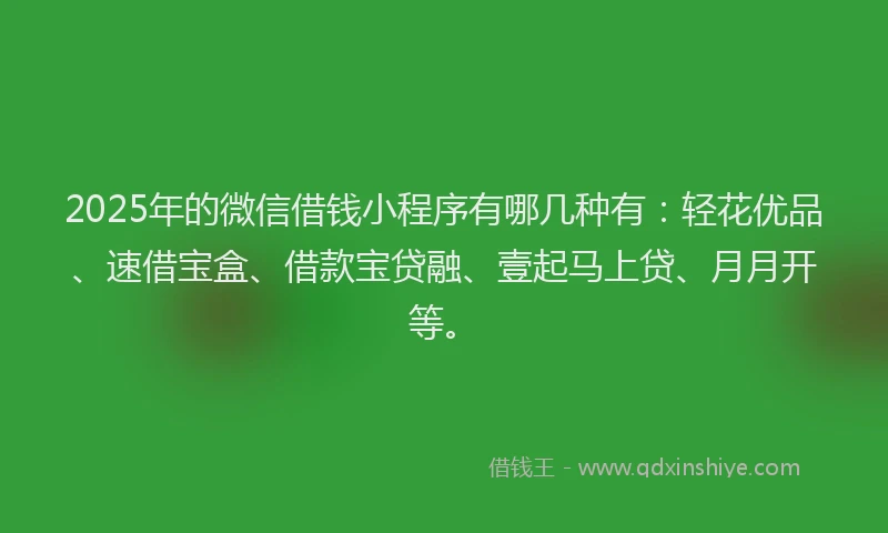 2025年的微信借钱小程序有哪几种有：轻花优品、速借宝盒、借款宝贷融、壹起马上贷、月月开等。