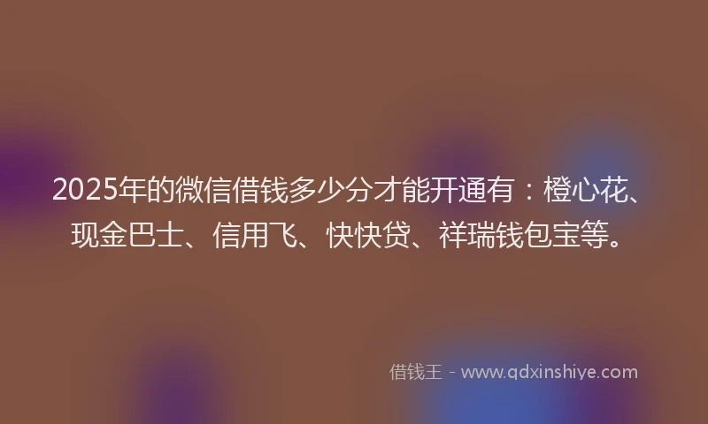 2025年的微信借钱多少分才能开通有：橙心花、现金巴士、信用飞、快快贷、祥瑞钱包宝等。