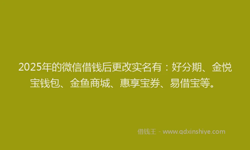 2025年的微信借钱后更改实名有：好分期、金悦宝钱包、金鱼商城、惠享宝券、易借宝等。
