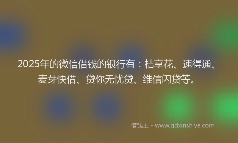 2025年的微信借钱的银行有：桔享花、速得通、麦芽快借、贷你无忧贷、维信闪贷等。