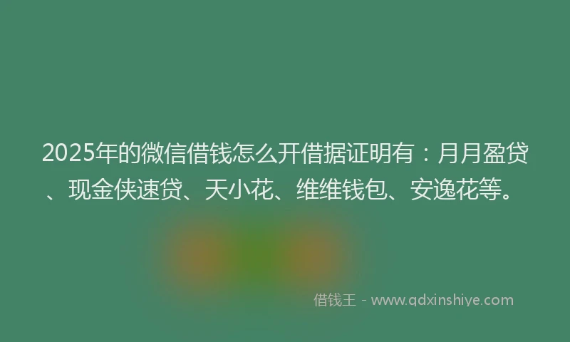 2025年的微信借钱怎么开借据证明有：月月盈贷、现金侠速贷、天小花、维维钱包、安逸花等。