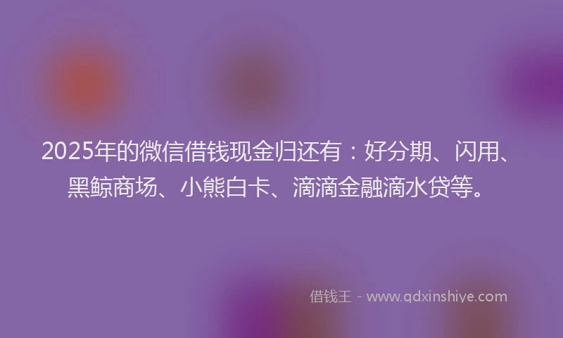 2025年的微信借钱现金归还有：好分期、闪用、黑鲸商场、小熊白卡、滴滴金融滴水贷等。