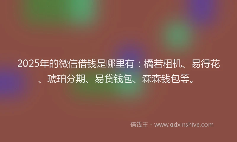2025年的微信借钱是哪里有：橘若租机、易得花、琥珀分期、易贷钱包、森森钱包等。
