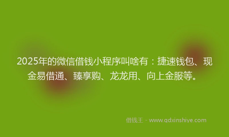 2025年的微信借钱小程序叫啥有：捷速钱包、现金易借通、臻享购、龙龙用、向上金服等。