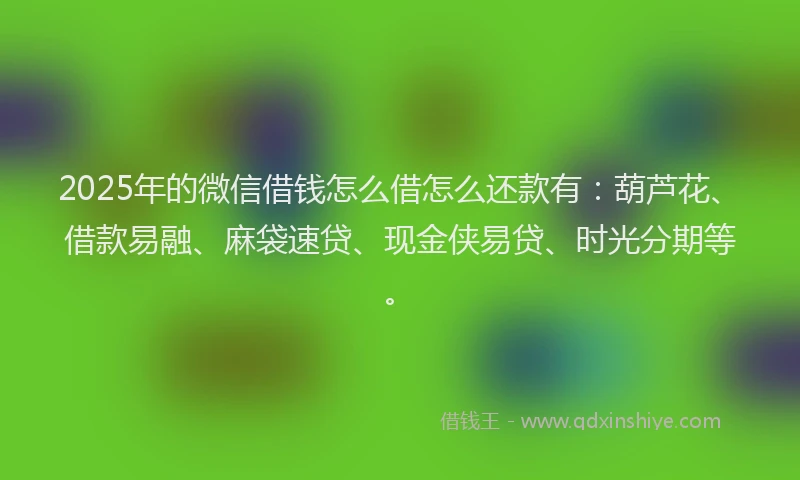 2025年的微信借钱怎么借怎么还款有：葫芦花、借款易融、麻袋速贷、现金侠易贷、时光分期等。
