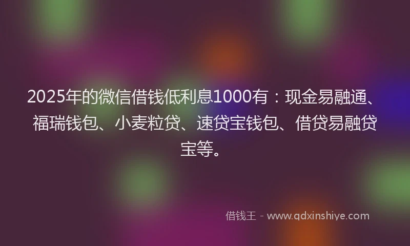 2025年的微信借钱低利息1000有：现金易融通、福瑞钱包、小麦粒贷、速贷宝钱包、借贷易融贷宝等。