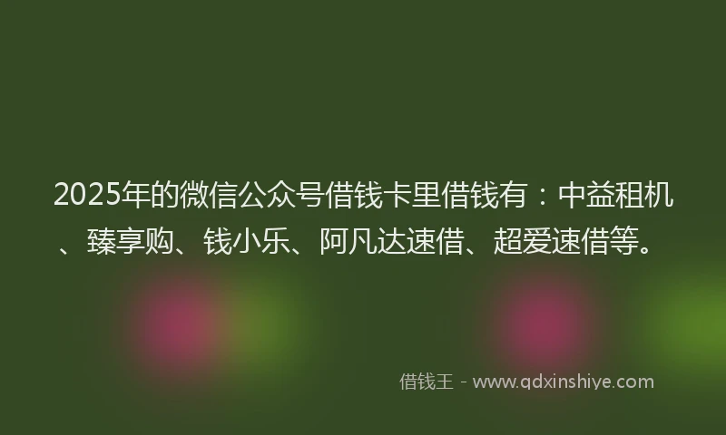 2025年的微信公众号借钱卡里借钱有：中益租机、臻享购、钱小乐、阿凡达速借、超爱速借等。