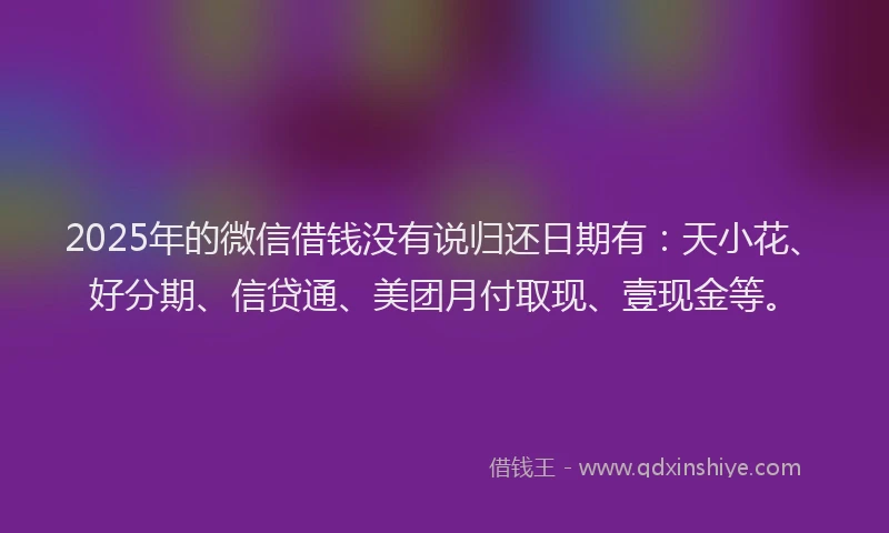 2025年的微信借钱没有说归还日期有：天小花、好分期、信贷通、美团月付取现、壹现金等。