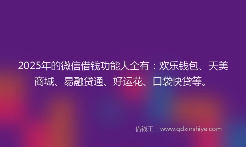 2025年的微信借钱功能大全有：欢乐钱包、天美商城、易融贷通、好运花、口袋快贷等。