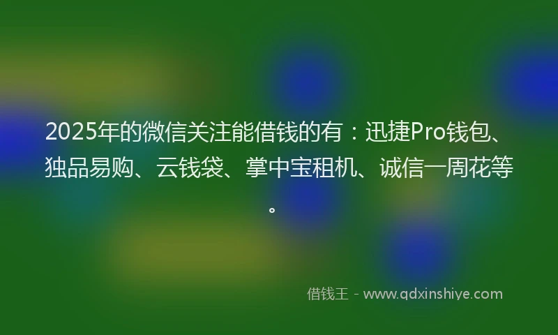 2025年的微信关注能借钱的有：迅捷Pro钱包、独品易购、云钱袋、掌中宝租机、诚信一周花等。