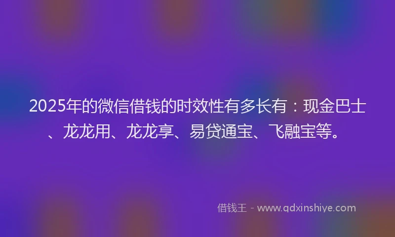 2025年的微信借钱的时效性有多长有：现金巴士、龙龙用、龙龙享、易贷通宝、飞融宝等。