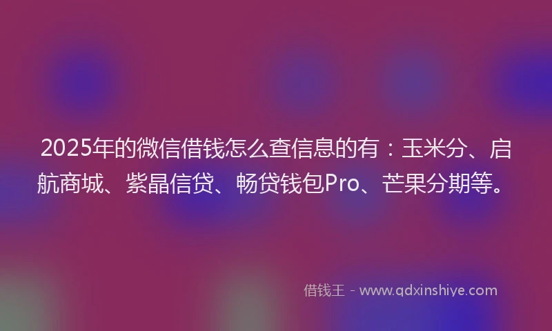 2025年的微信借钱怎么查信息的有：玉米分、启航商城、紫晶信贷、畅贷钱包Pro、芒果分期等。