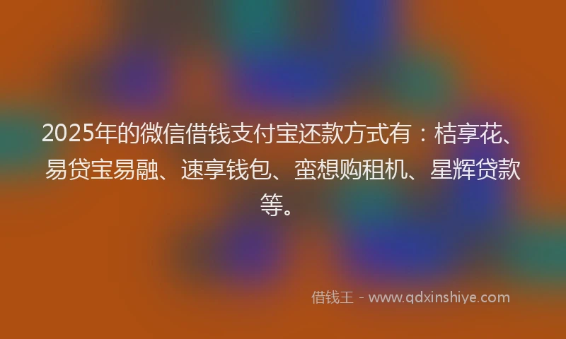 2025年的微信借钱支付宝还款方式有：桔享花、易贷宝易融、速享钱包、蛮想购租机、星辉贷款等。