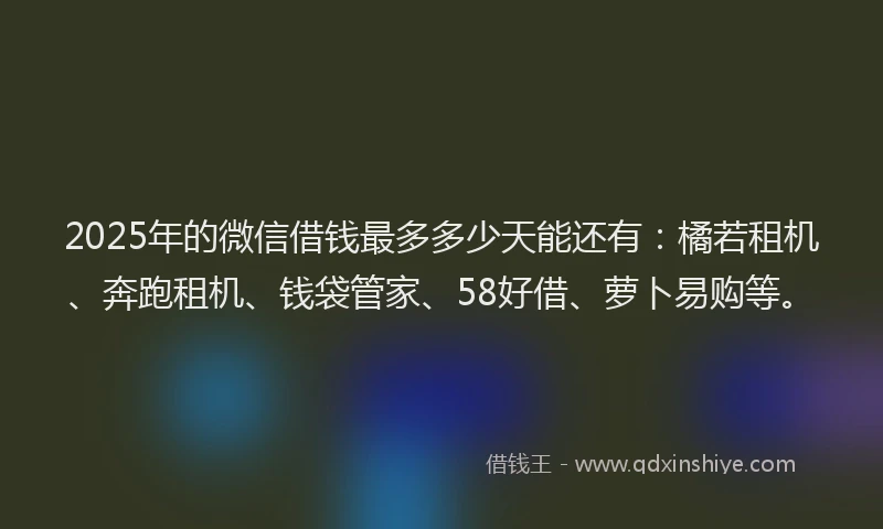 2025年的微信借钱最多多少天能还有：橘若租机、奔跑租机、钱袋管家、58好借、萝卜易购等。