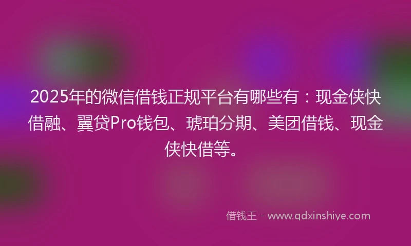 2025年的微信借钱正规平台有哪些有：现金侠快借融、翼贷Pro钱包、琥珀分期、美团借钱、现金侠快借等。