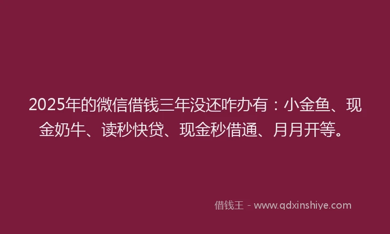 2025年的微信借钱三年没还咋办有：小金鱼、现金奶牛、读秒快贷、现金秒借通、月月开等。