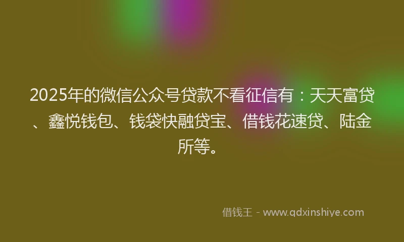 2025年的微信公众号贷款不看征信有：天天富贷、鑫悦钱包、钱袋快融贷宝、借钱花速贷、陆金所等。