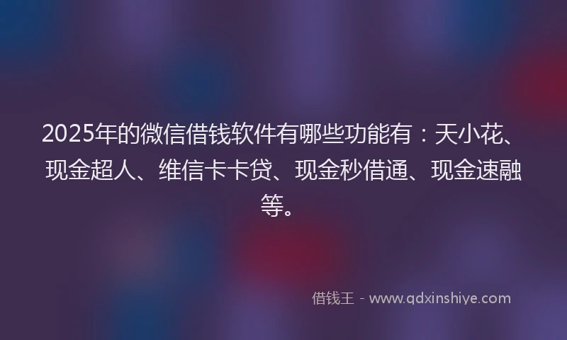 2025年的微信借钱软件有哪些功能有：天小花、现金超人、维信卡卡贷、现金秒借通、现金速融等。