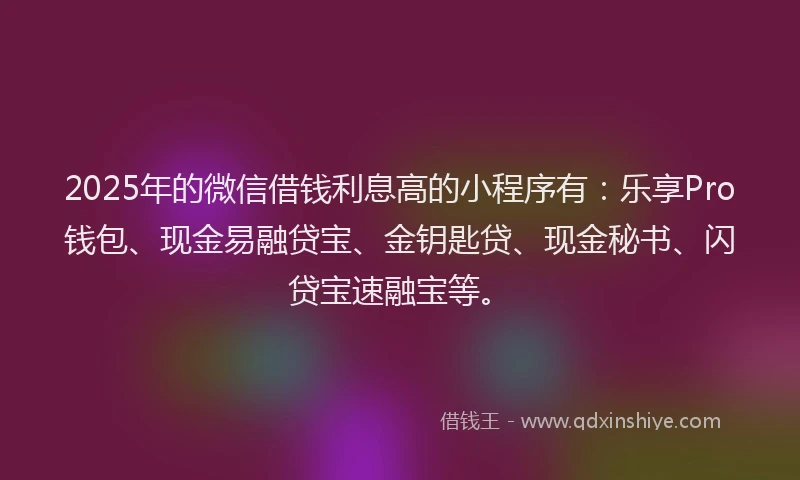 2025年的微信借钱利息高的小程序有：乐享Pro钱包、现金易融贷宝、金钥匙贷、现金秘书、闪贷宝速融宝等。