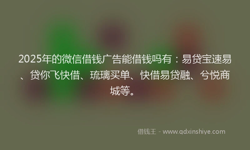 2025年的微信借钱广告能借钱吗有：易贷宝速易、贷你飞快借、琉璃买单、快借易贷融、兮悦商城等。