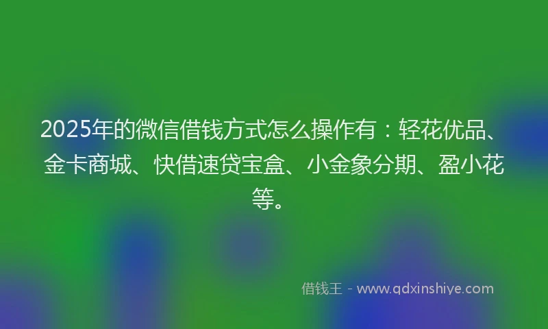 2025年的微信借钱方式怎么操作有：轻花优品、金卡商城、快借速贷宝盒、小金象分期、盈小花等。