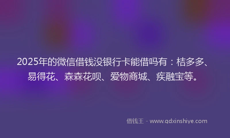 2025年的微信借钱没银行卡能借吗有：桔多多、易得花、森森花呗、爱物商城、疾融宝等。