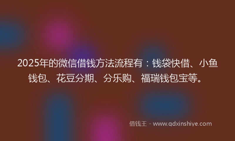 2025年的微信借钱方法流程有：钱袋快借、小鱼钱包、花豆分期、分乐购、福瑞钱包宝等。