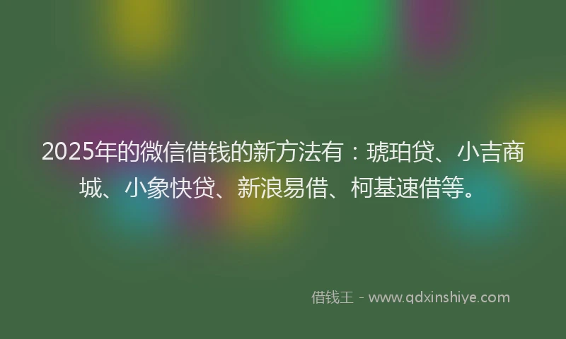 2025年的微信借钱的新方法有：琥珀贷、小吉商城、小象快贷、新浪易借、柯基速借等。