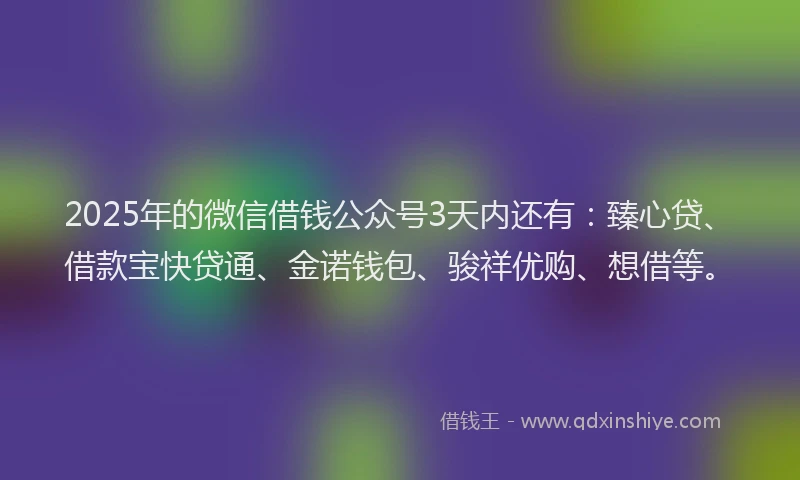 2025年的微信借钱公众号3天内还有：臻心贷、借款宝快贷通、金诺钱包、骏祥优购、想借等。