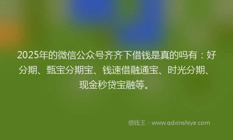 2025年的微信公众号齐齐下借钱是真的吗有：好分期、甄宝分期宝、钱速借融通宝、时光分期、现金秒贷宝融等。