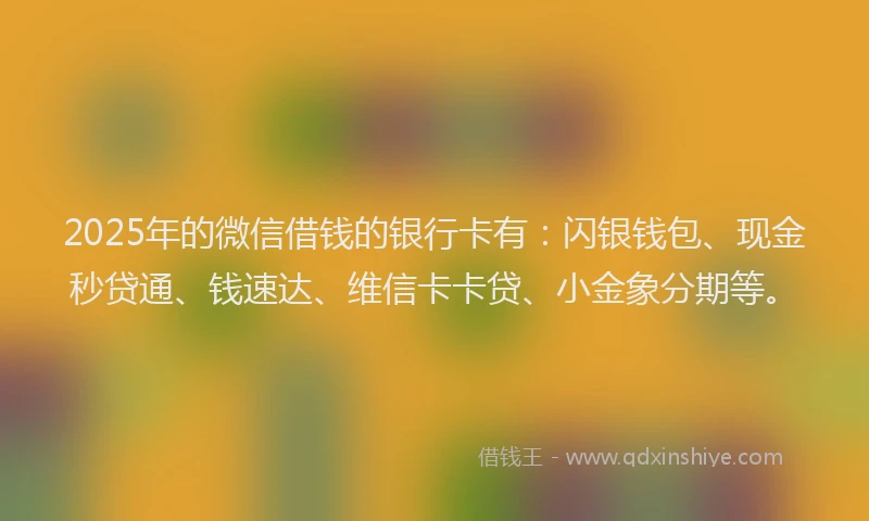 2025年的微信借钱的银行卡有：闪银钱包、现金秒贷通、钱速达、维信卡卡贷、小金象分期等。