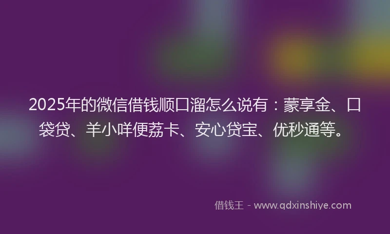 2025年的微信借钱顺口溜怎么说有：蒙享金、口袋贷、羊小咩便荔卡、安心贷宝、优秒通等。