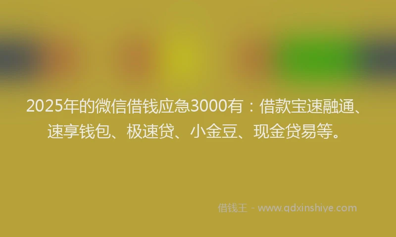 2025年的微信借钱应急3000有：借款宝速融通、速享钱包、极速贷、小金豆、现金贷易等。