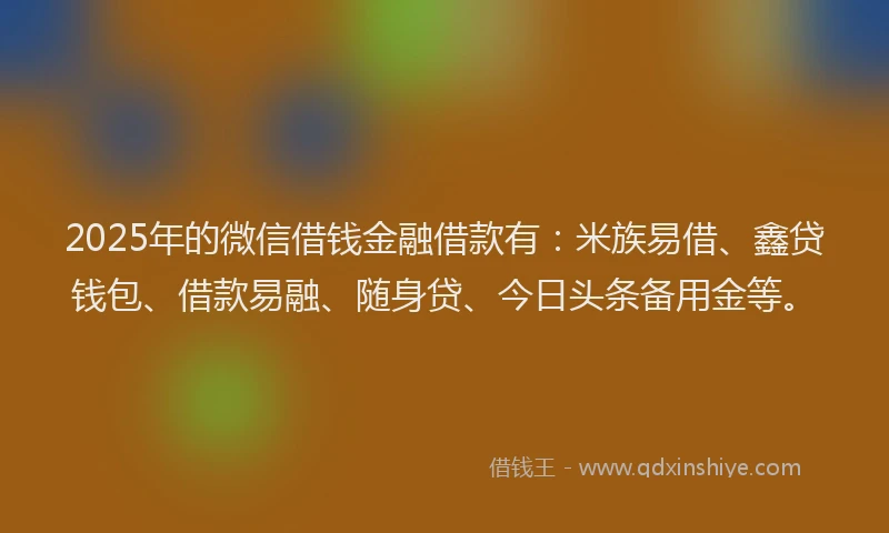 2025年的微信借钱金融借款有：米族易借、鑫贷钱包、借款易融、随身贷、今日头条备用金等。