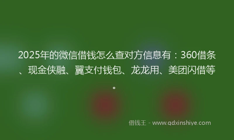 2025年的微信借钱怎么查对方信息有：360借条、现金侠融、翼支付钱包、龙龙用、美团闪借等。