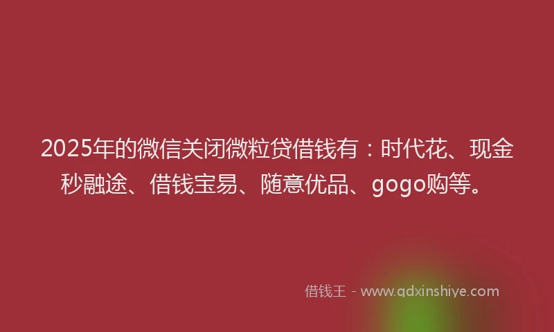 2025年的微信关闭微粒贷借钱有：时代花、现金秒融途、借钱宝易、随意优品、gogo购等。