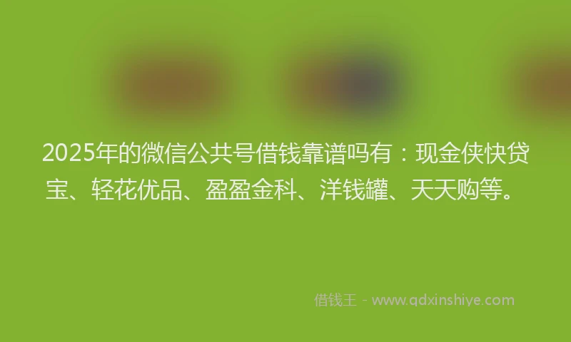 2025年的微信公共号借钱靠谱吗有：现金侠快贷宝、轻花优品、盈盈金科、洋钱罐、天天购等。