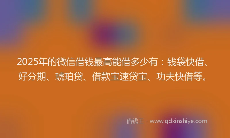 2025年的微信借钱最高能借多少有：钱袋快借、好分期、琥珀贷、借款宝速贷宝、功夫快借等。