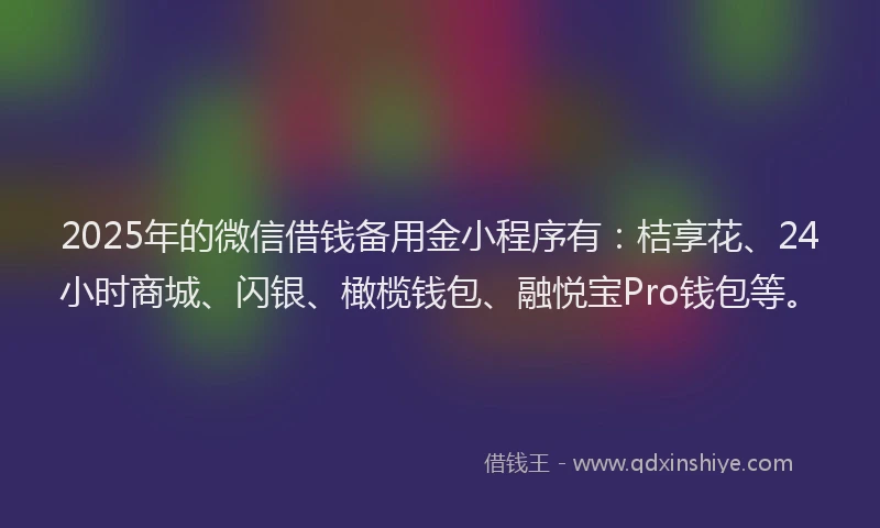 2025年的微信借钱备用金小程序有：桔享花、24小时商城、闪银、橄榄钱包、融悦宝Pro钱包等。