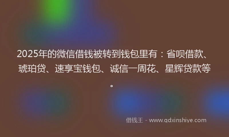 2025年的微信借钱被转到钱包里有：省呗借款、琥珀贷、速享宝钱包、诚信一周花、星辉贷款等。