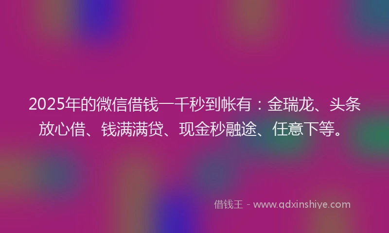 2025年的微信借钱一千秒到帐有：金瑞龙、头条放心借、钱满满贷、现金秒融途、任意下等。