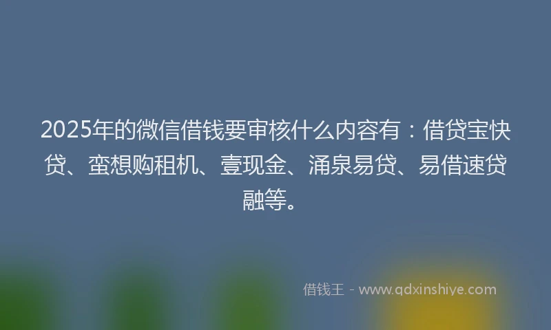 2025年的微信借钱要审核什么内容有：借贷宝快贷、蛮想购租机、壹现金、涌泉易贷、易借速贷融等。