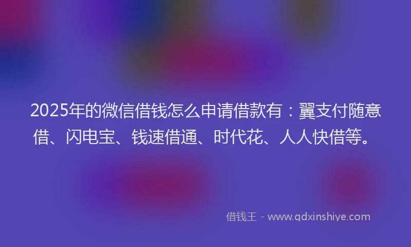 2025年的微信借钱怎么申请借款有：翼支付随意借、闪电宝、钱速借通、时代花、人人快借等。