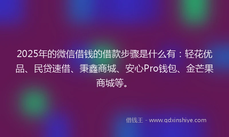 2025年的微信借钱的借款步骤是什么有：轻花优品、民贷速借、秉鑫商城、安心Pro钱包、金芒果商城等。