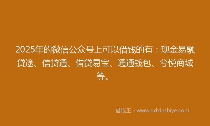 2025年的微信公众号上可以借钱的有：现金易融贷途、信贷通、借贷易宝、通通钱包、兮悦商城等。